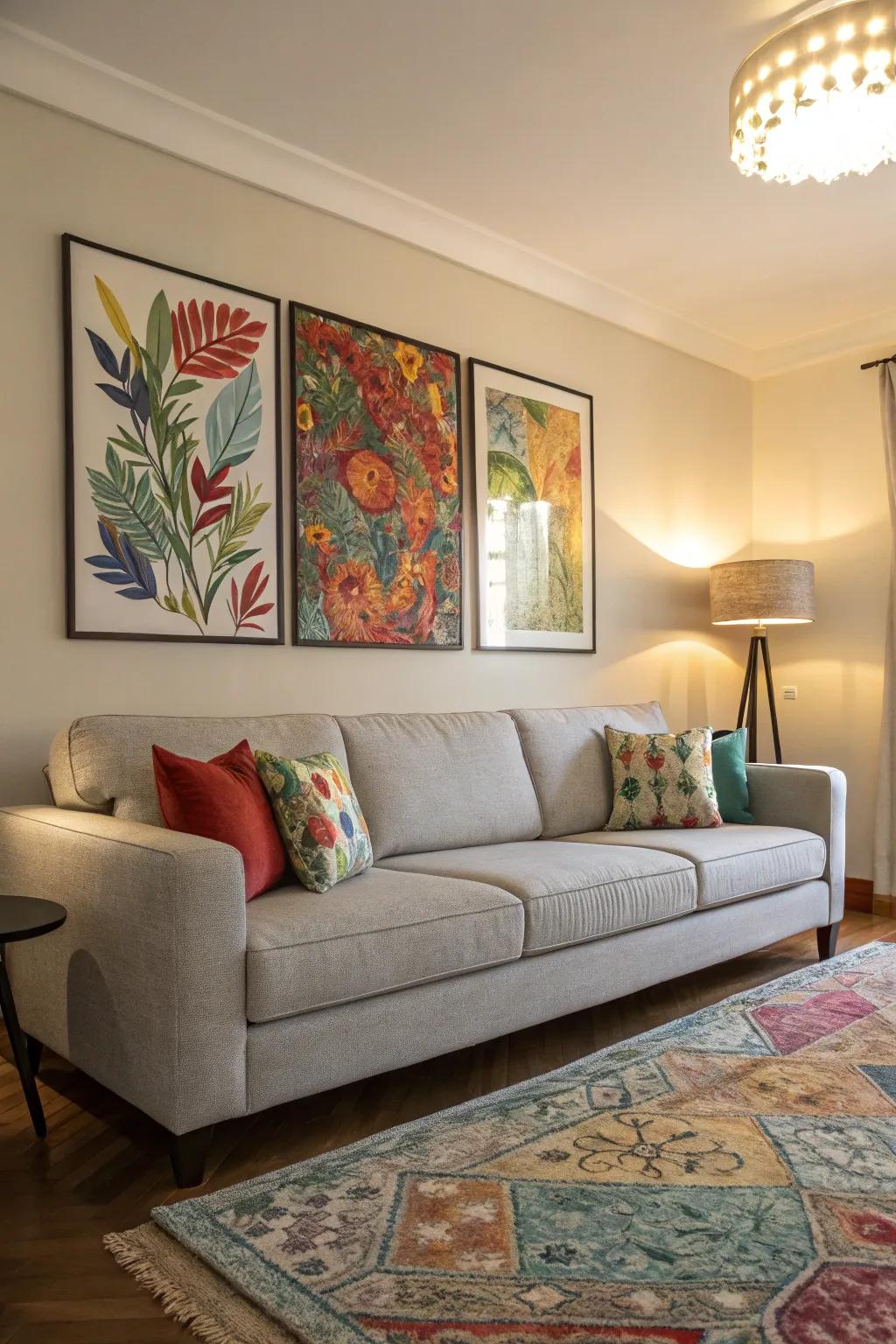 Bold artistic assertions establish a commanding focal aspect within a setting featuring a light grey couch.