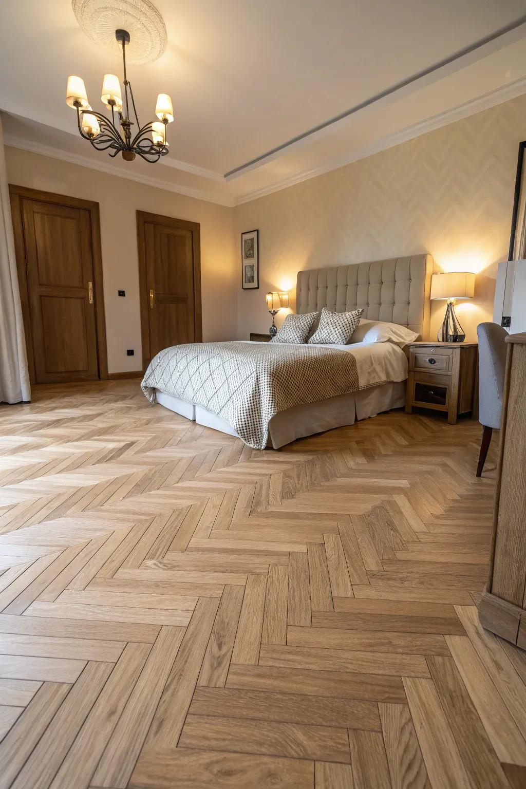 Geometrical designs adding sophistication to light wood flooring.