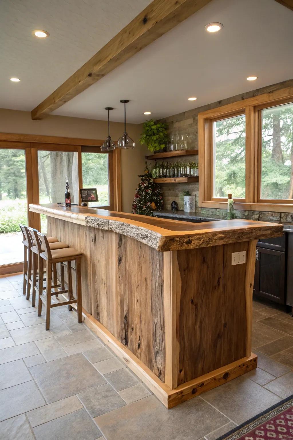 A natural-edge bar crafted from locally sourced wood, emphasizing sustainable design.