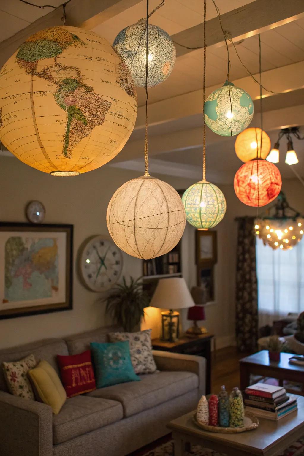 World lights contribute whimsy with their spherical shapes.
