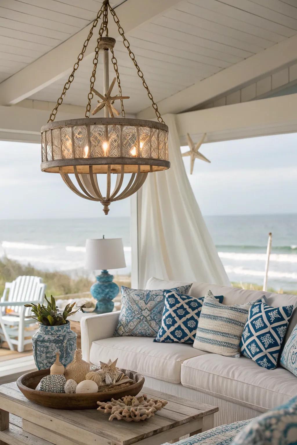 A coastal living room features a nautical-themed chandelier.