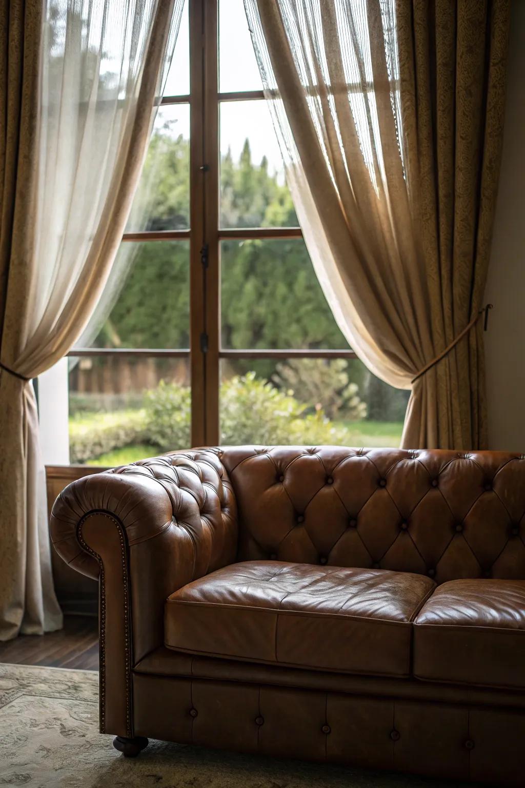 Drapes add elegance and snugness around the couch.