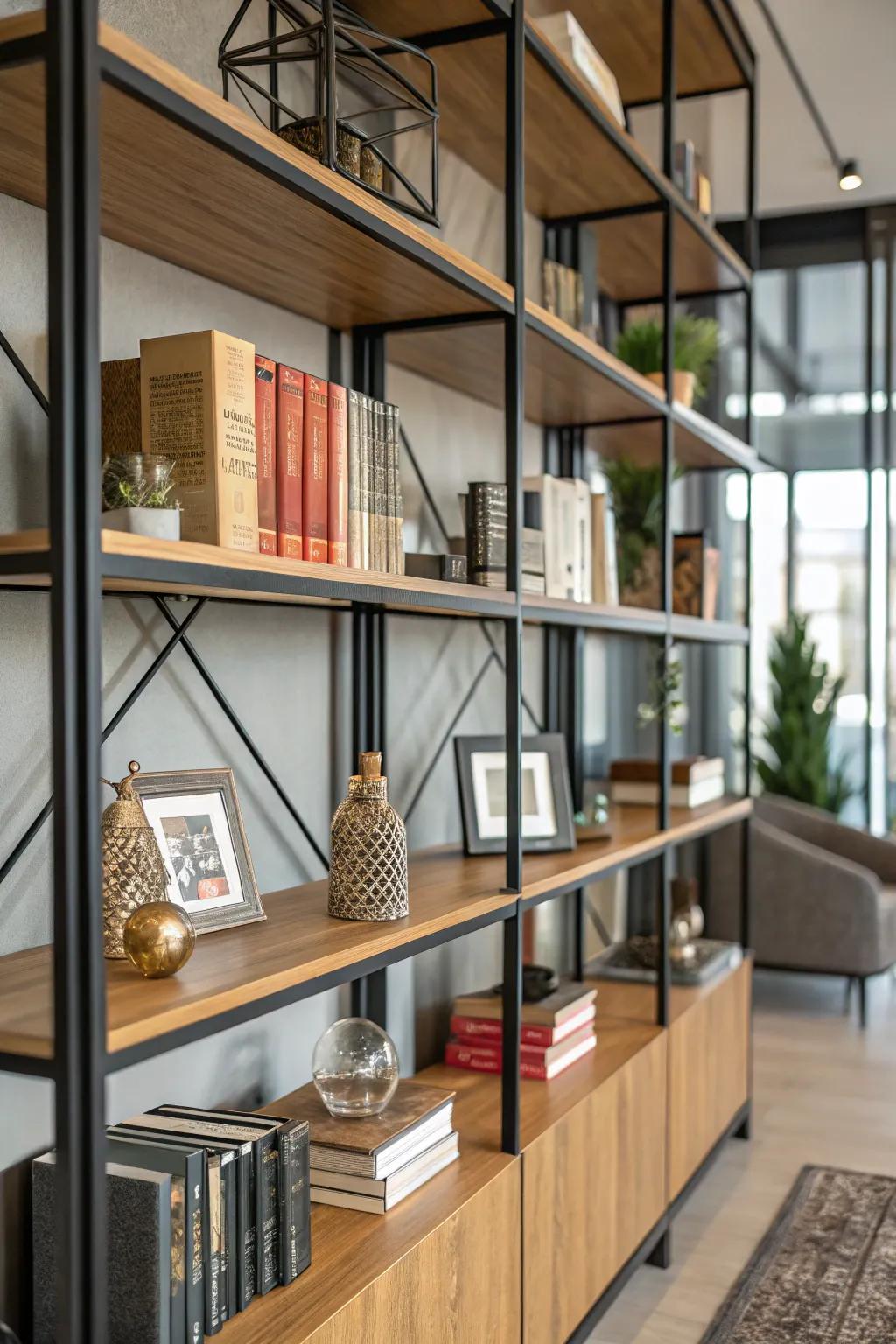 Integrating materials contributes texture and magnitude to your bookshelves.