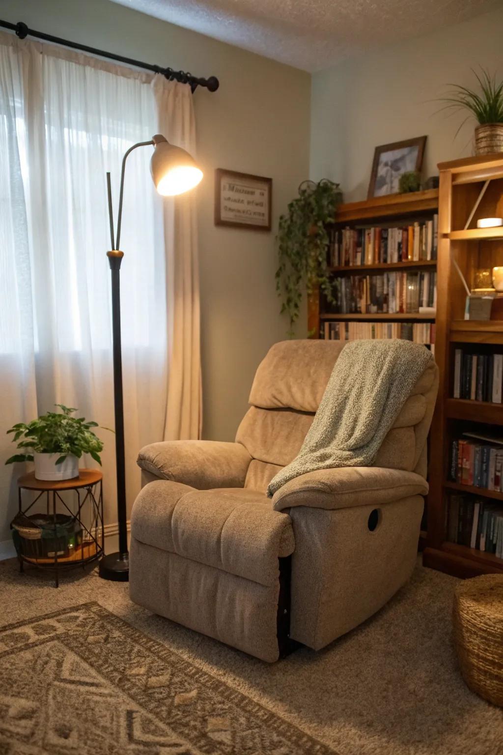 A well-lit recliner corner ideal for reading and unwinding.