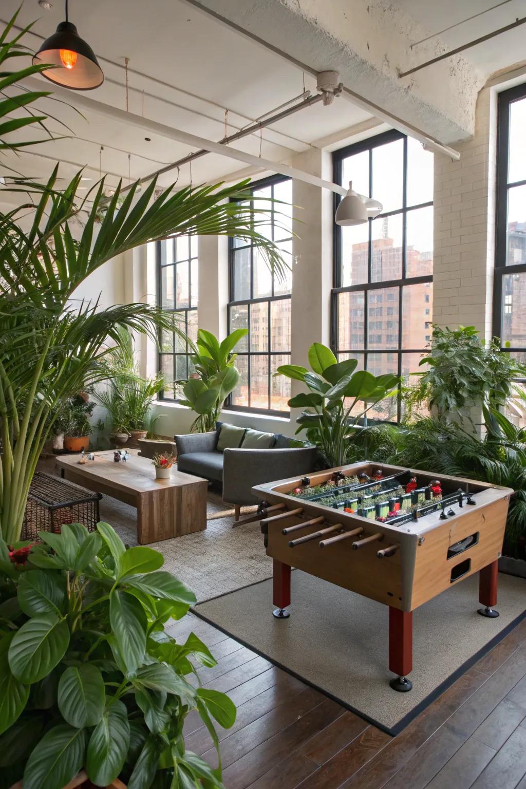 Interior plants introduce freshness and a natural sense to the recreational room.