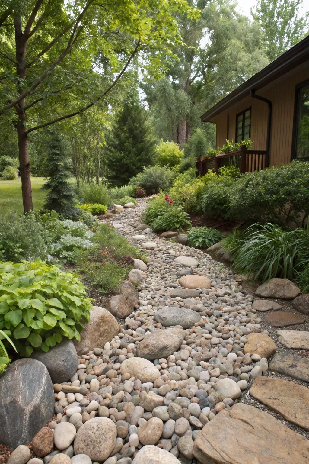 A dry creek bed adding organic flow and function.