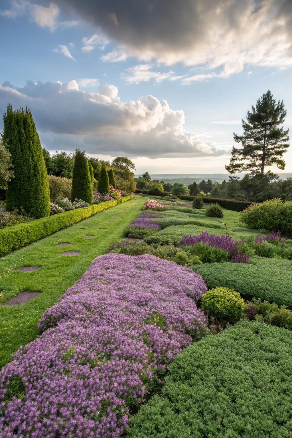 Ground covers like creeping thyme offer low-maintenance green space.