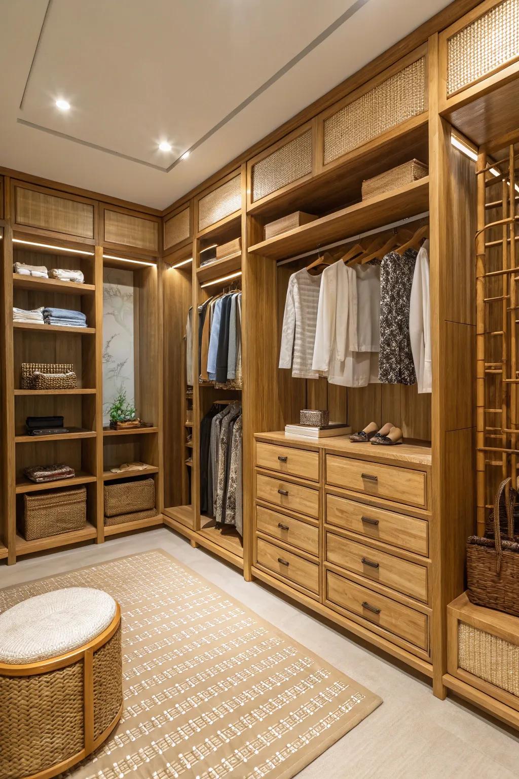 Natural elements engendering an eco-conscious deluxe closet.