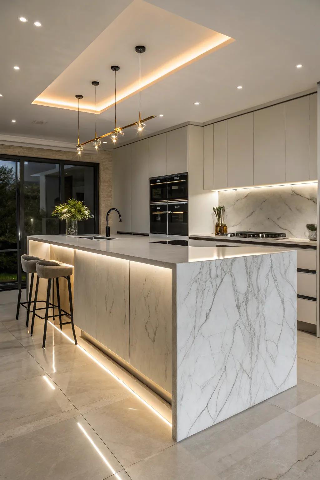 Waterfall edge countertops create an elegant flow.