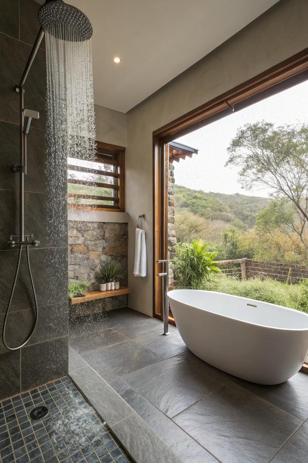 A spa-inspired bathroom featuring a showering area with a rainfall shower and solitary tub.