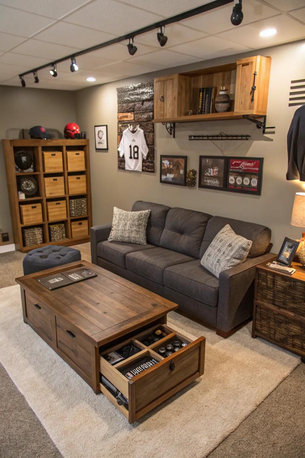 Multi-functional furniture maximizing area in the man cave.