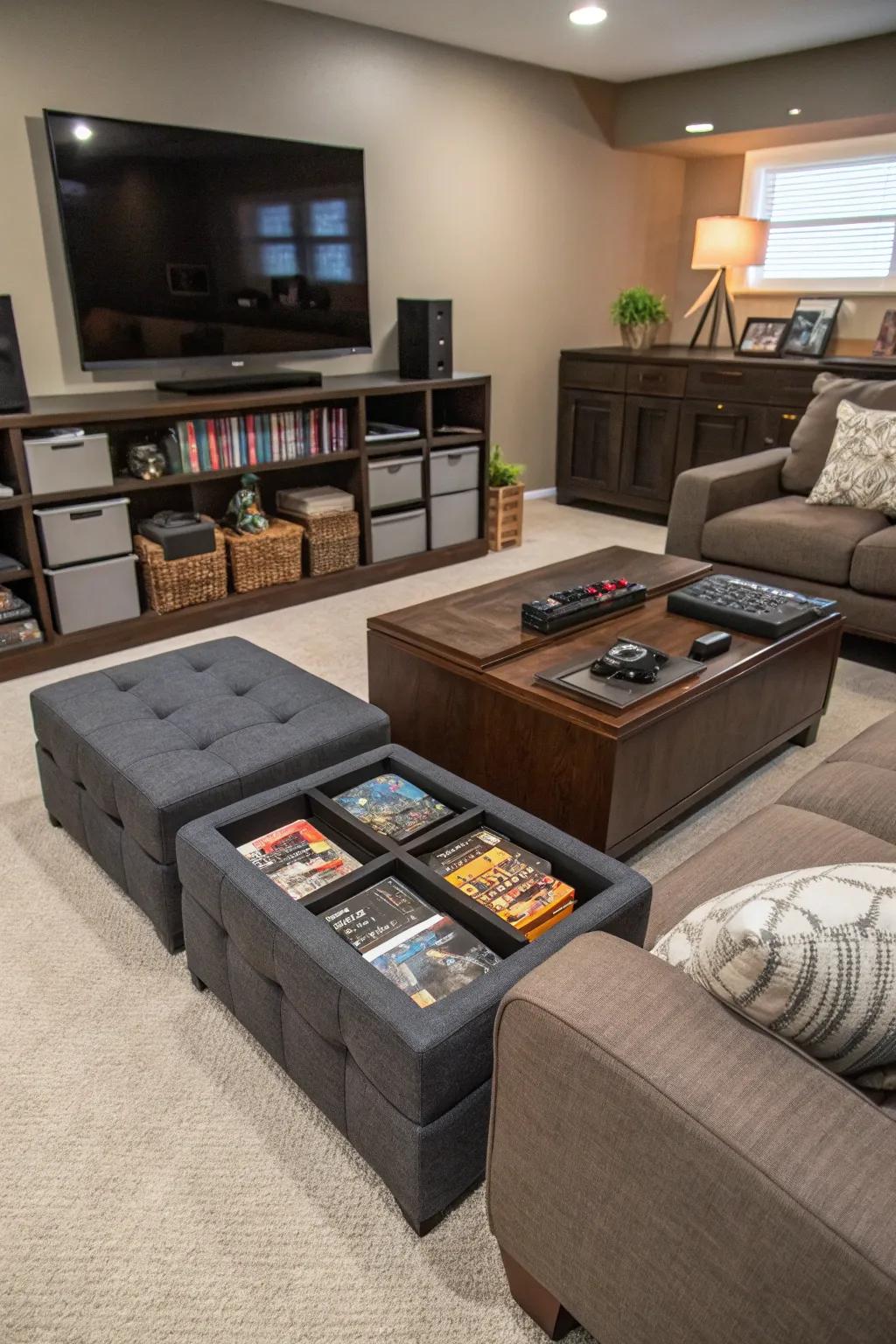 Hidden stash spots with ottomans and coffee tables.