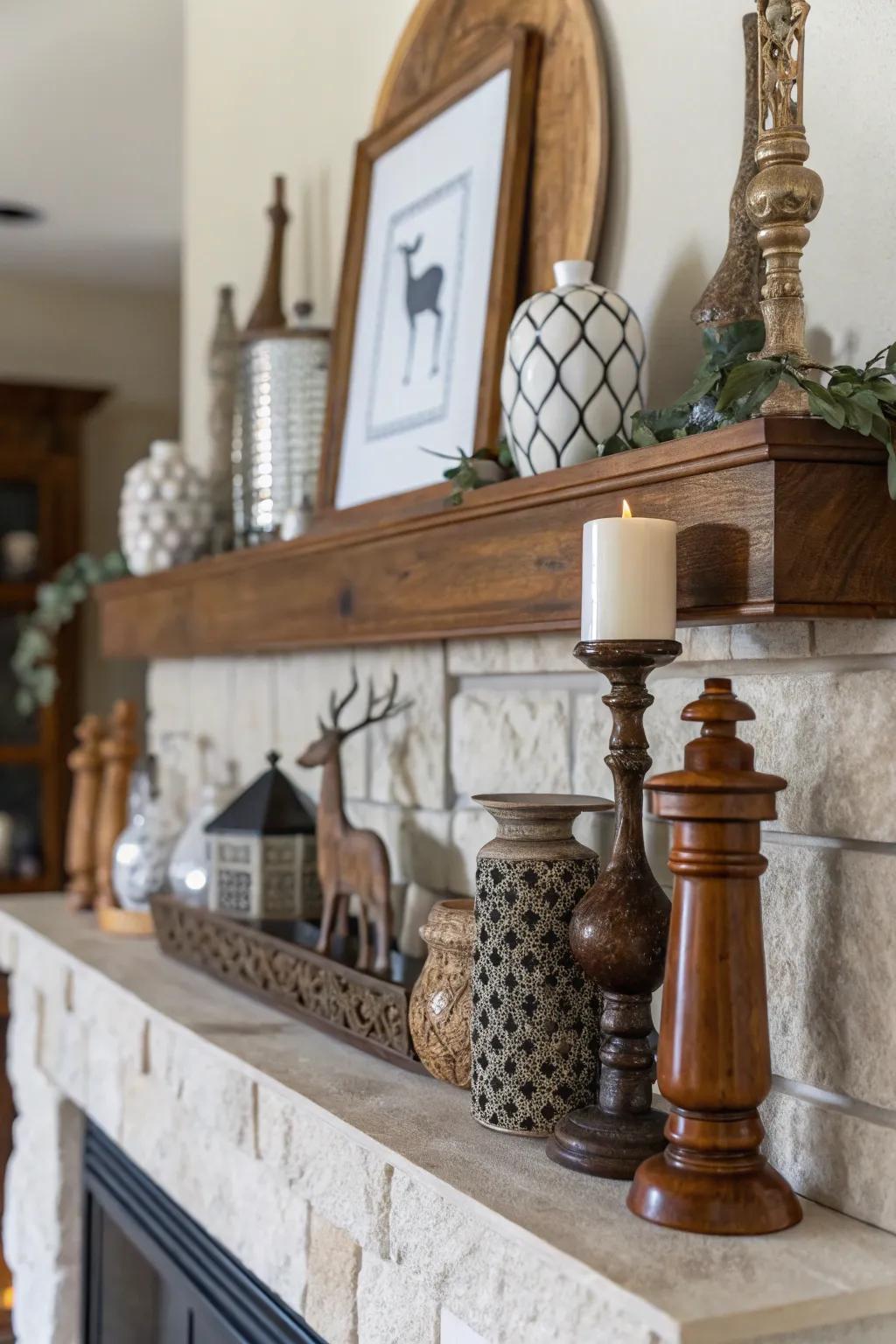 A material mix adds character and depth to this mantel.