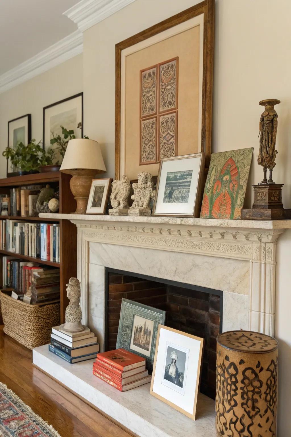 A layered mantel display adds visual interest.
