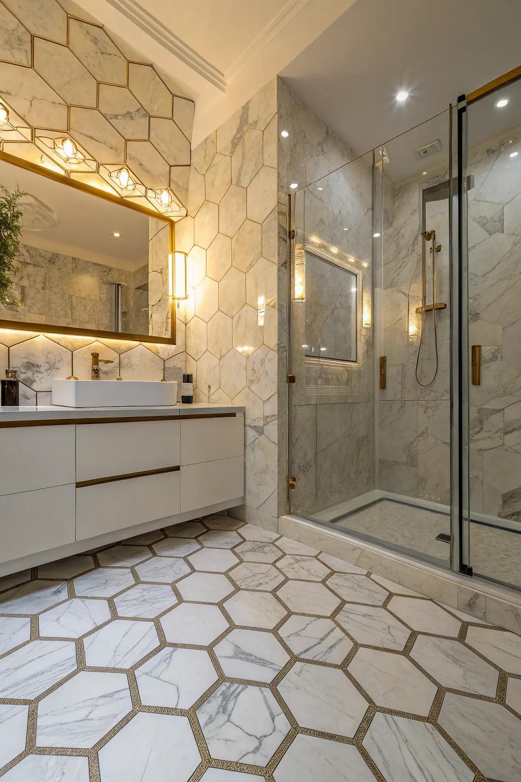 Modern geometric artificial marble stone surfaces add geometric interest to this bathroom.