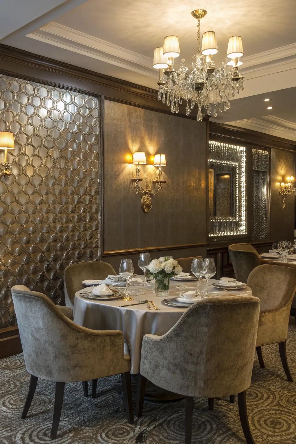 Metallic wallpaper adds elegance and depth.
