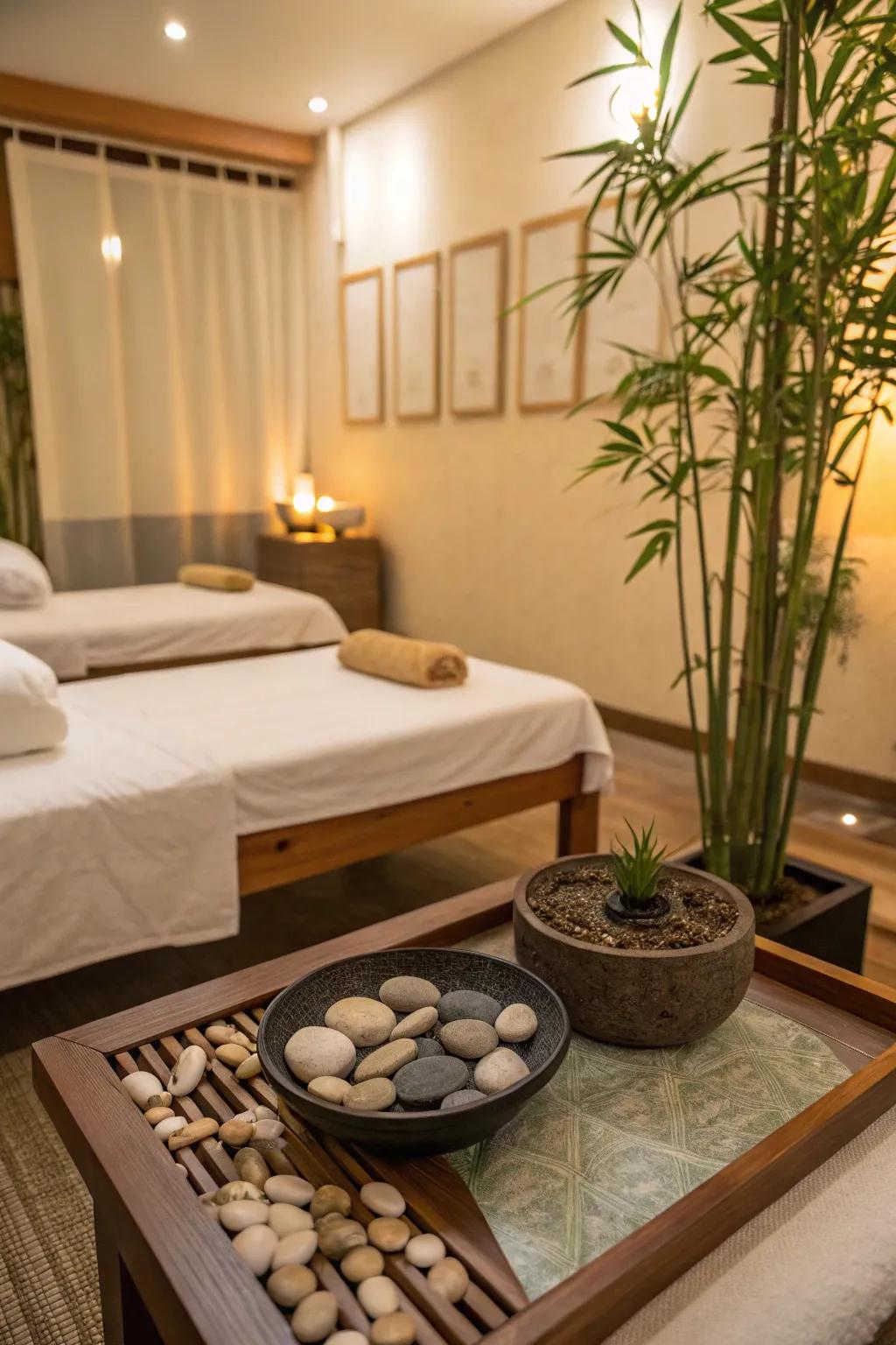 A zen rock garden adds a peaceful touch to this massage space.