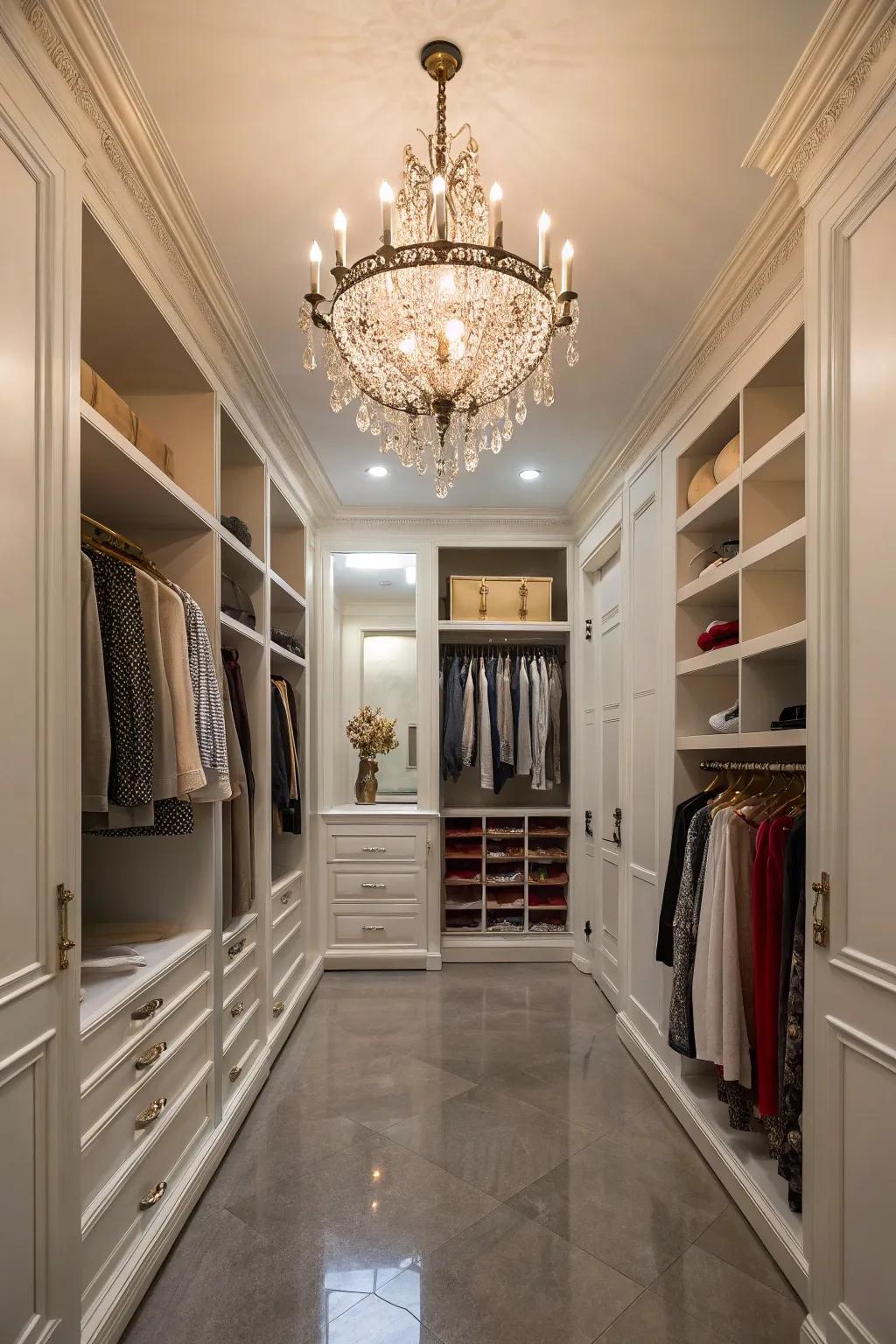 A compact chandelier adding luxury to unexpected spots.