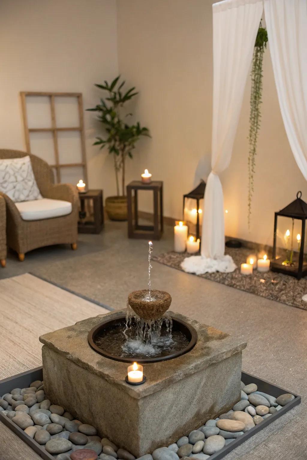 A meditation space showcasing a petite indoor water feature.