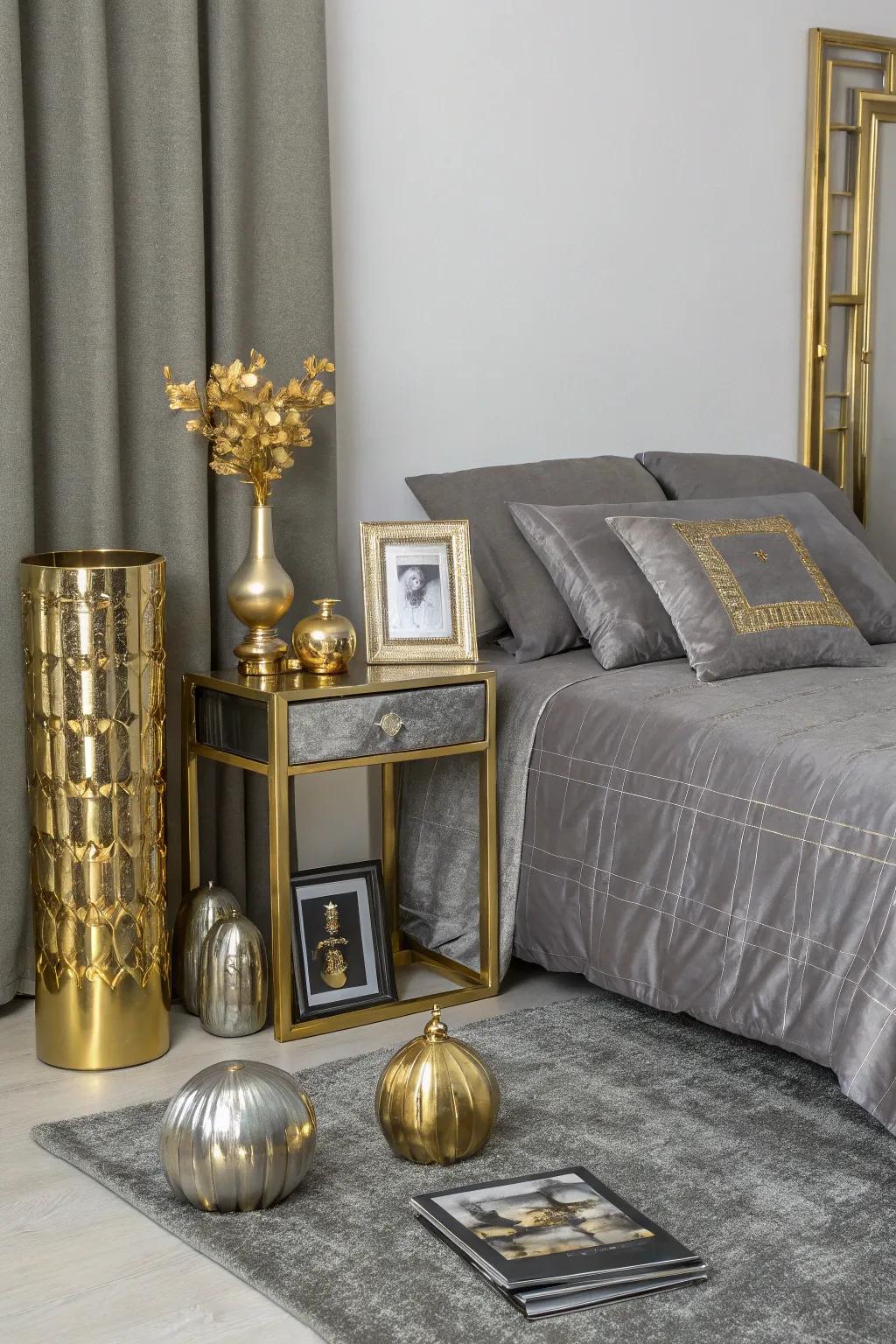 Metallic accents add a luxurious shine to the grey bedroom.