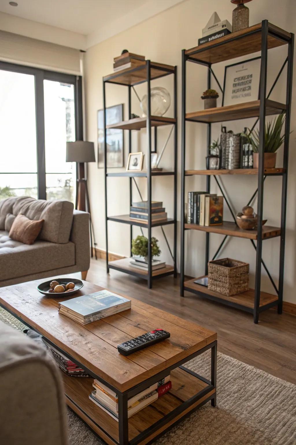 Industrial accents introduce a rugged and masculine aesthetic.