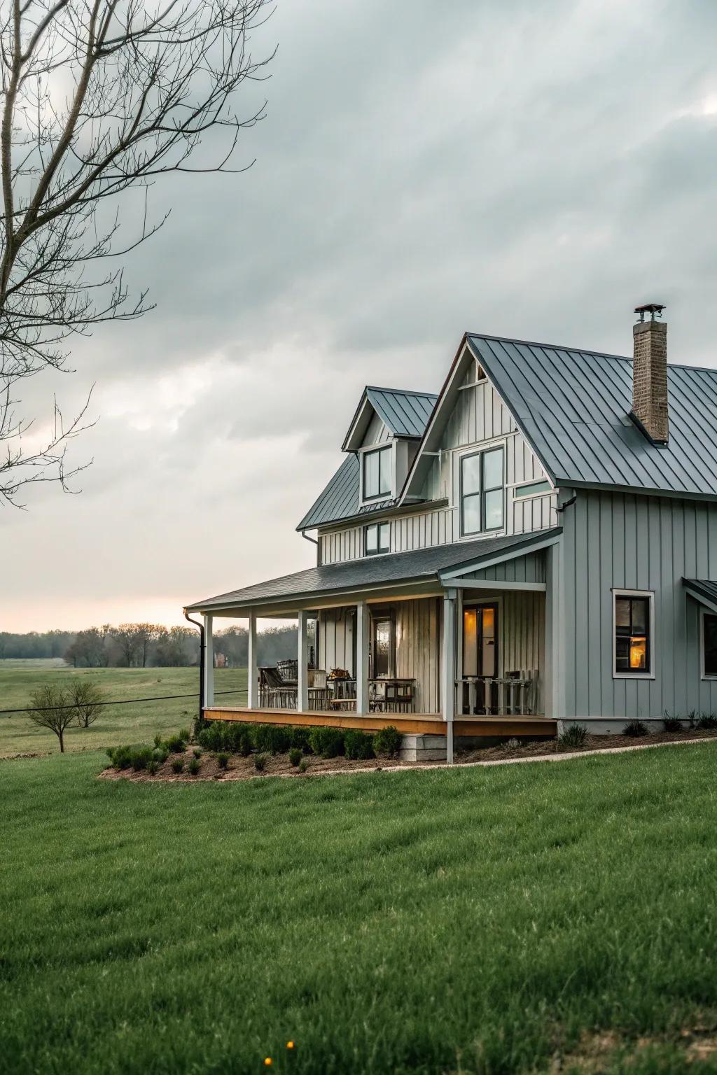 A countryside farmhouse-style home beautifully integrates modern metal cladding.