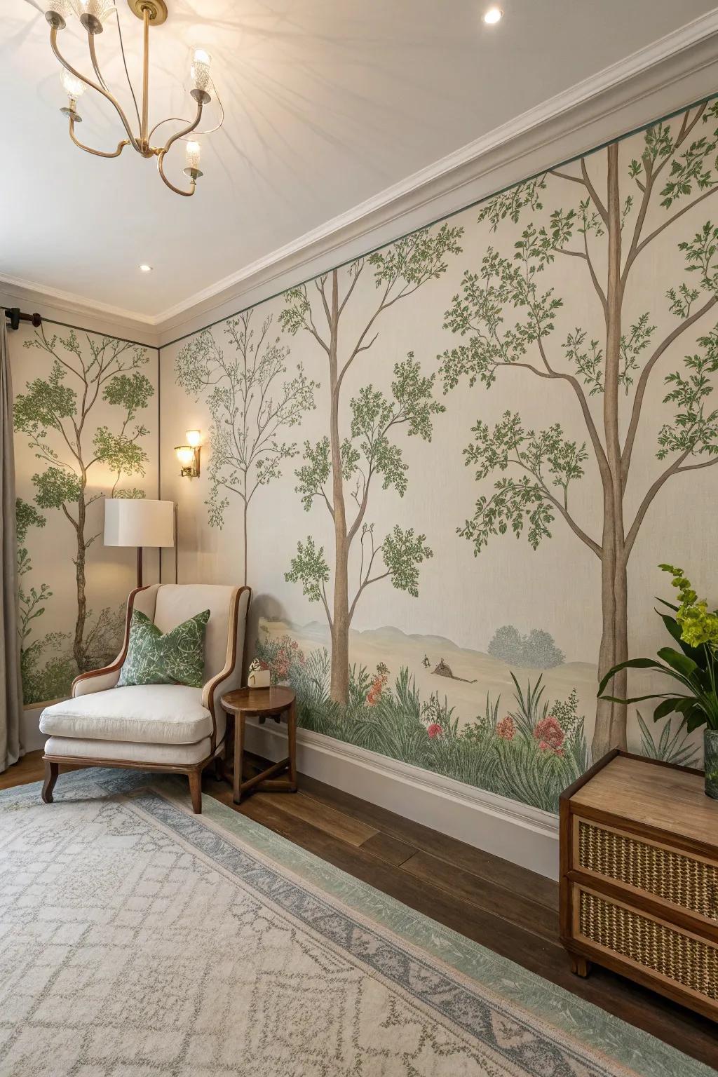 Serene space showcasing nature inspired era wall covering.