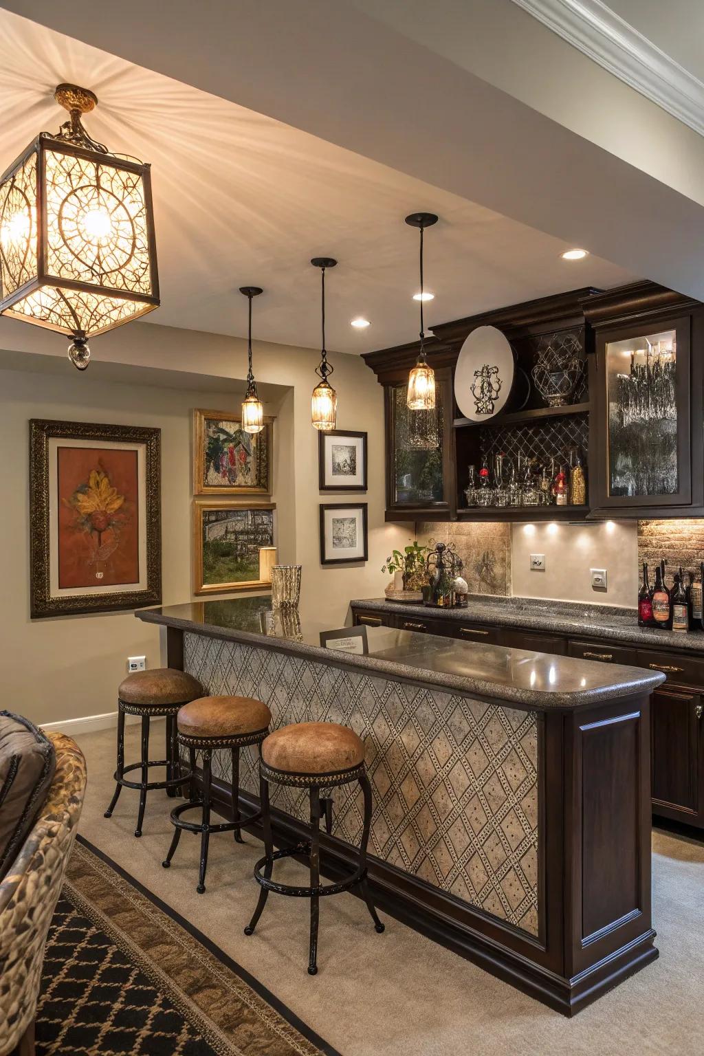 Art and decor personalize and elevate a home bar arrangement.