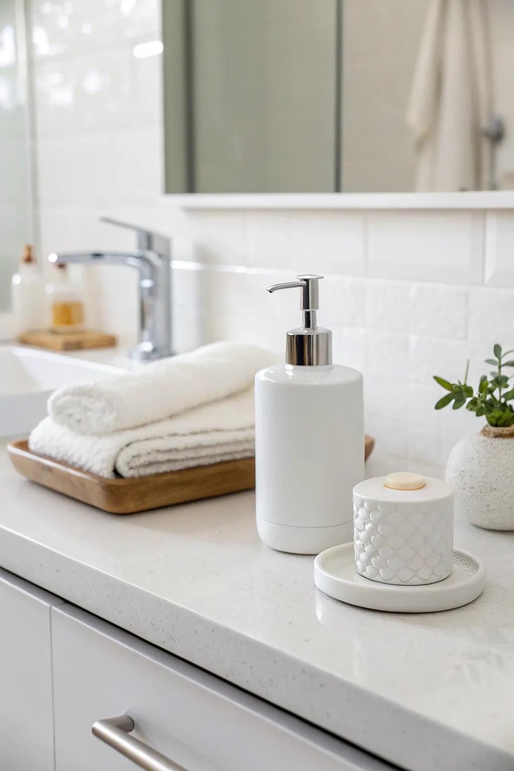 A white on white color scheme creates a fresh and spacious feel.