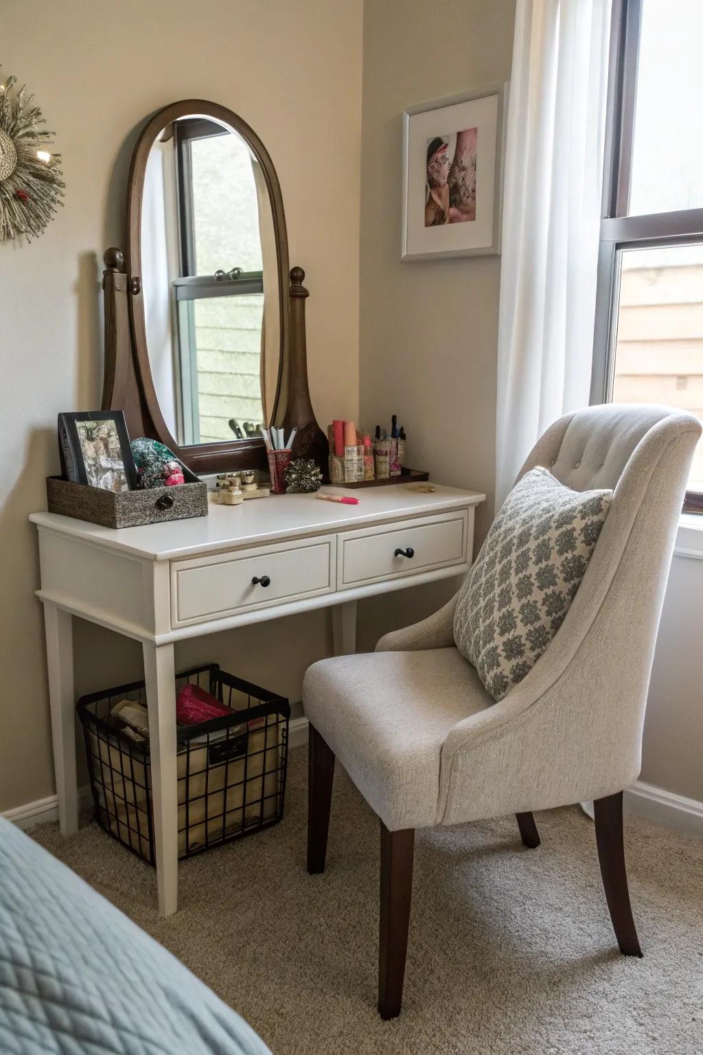 A cosmetic station with a reflector is both functional and stylish.