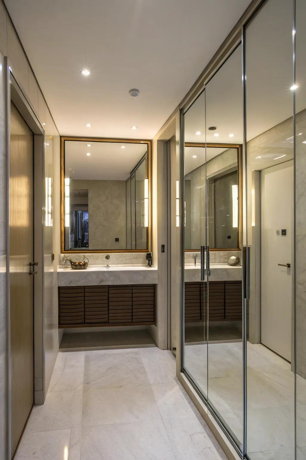 Render bathing chambers feeling spacious with reflective wardrobes.