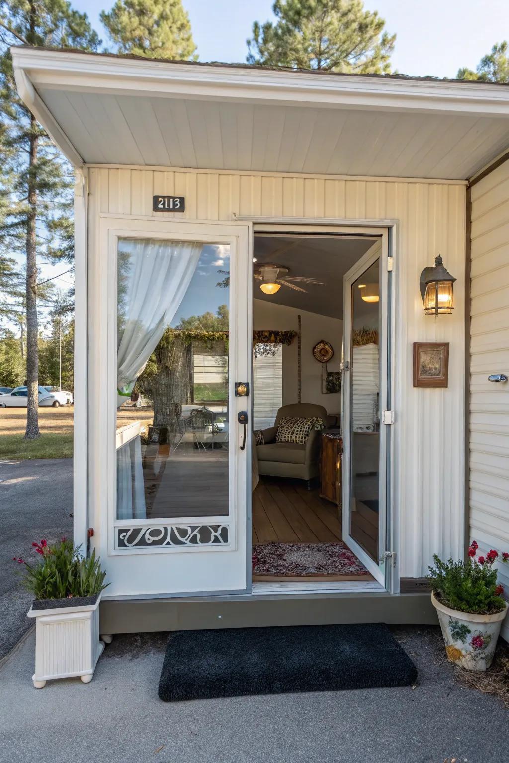 A stylish entry door featuring a glass feature welcoming visitors.