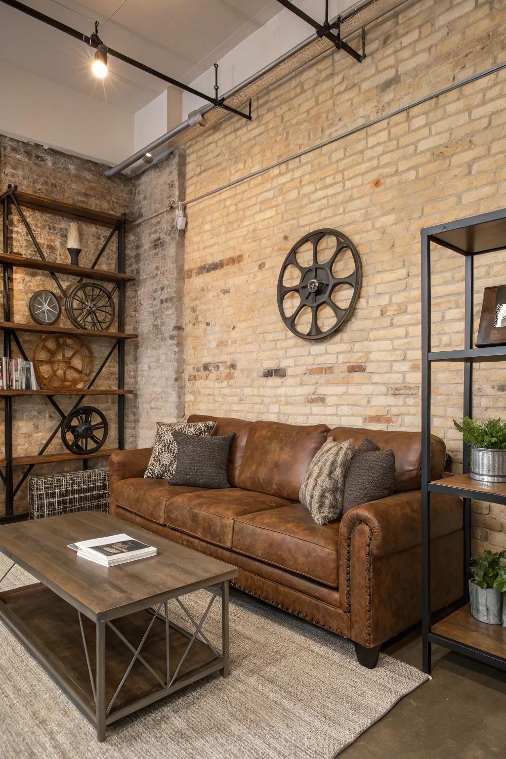Industrial facets inject a trendy border into the cocoa-colored sofa zone.