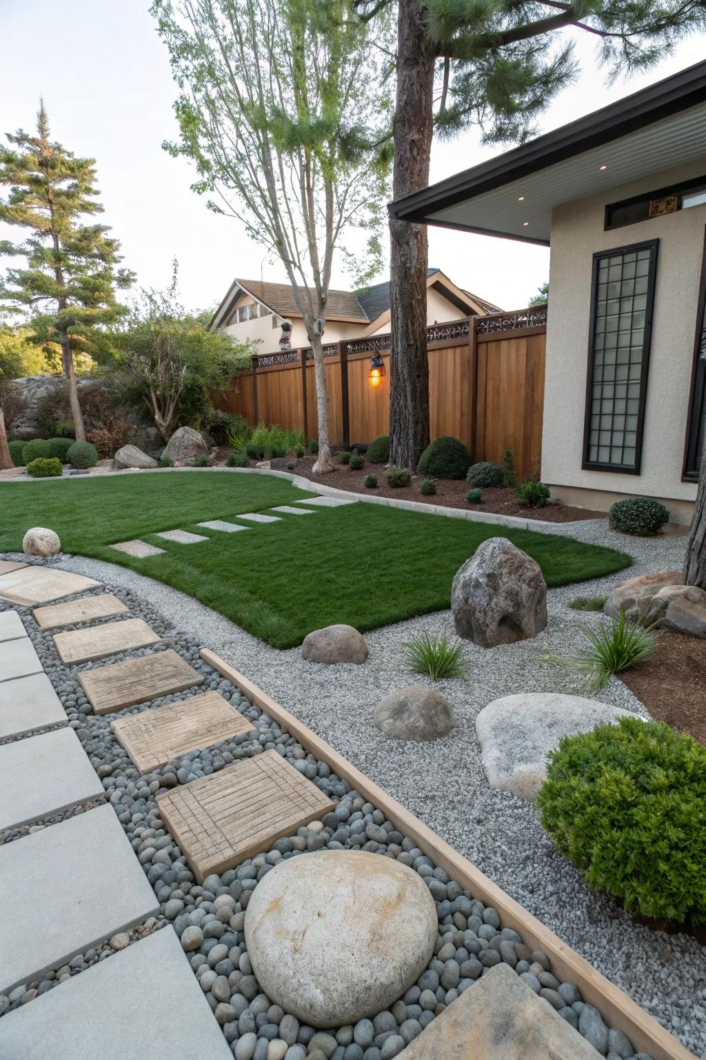 A zen-inspired front yard showcasing artificial grass and tranquil elements.