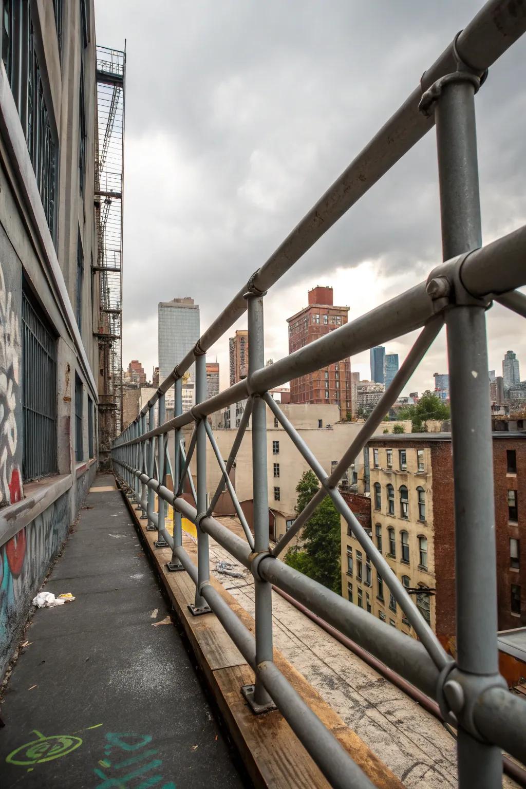 Industrial-inspired balcony railing constructed from alloy pipes in an urban environment