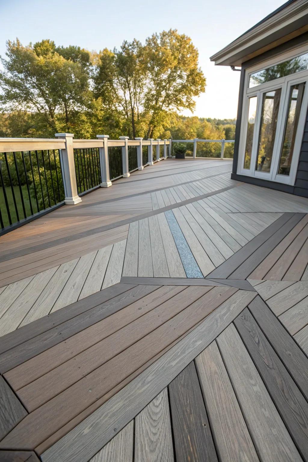 A deck featuring a dynamic pattern with multi-width decking boards.