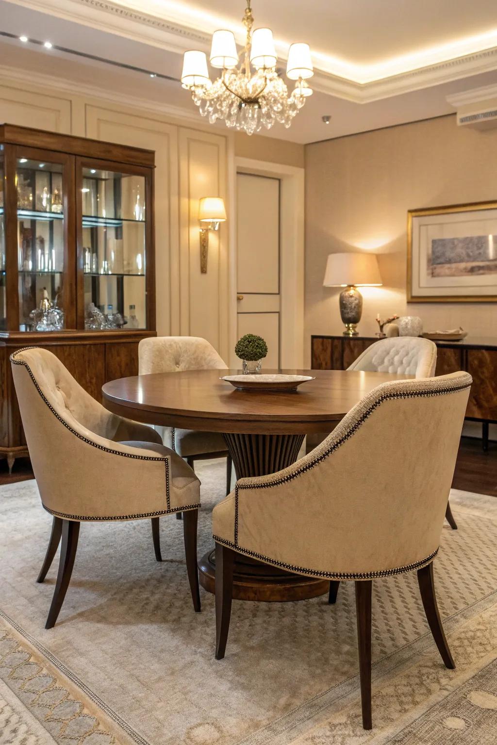 Curved furniture softens the appearance of a modern dining room.