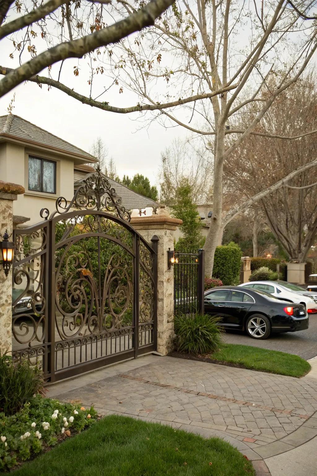Artistic metalwork turns driveway access into personalized masterpieces.
