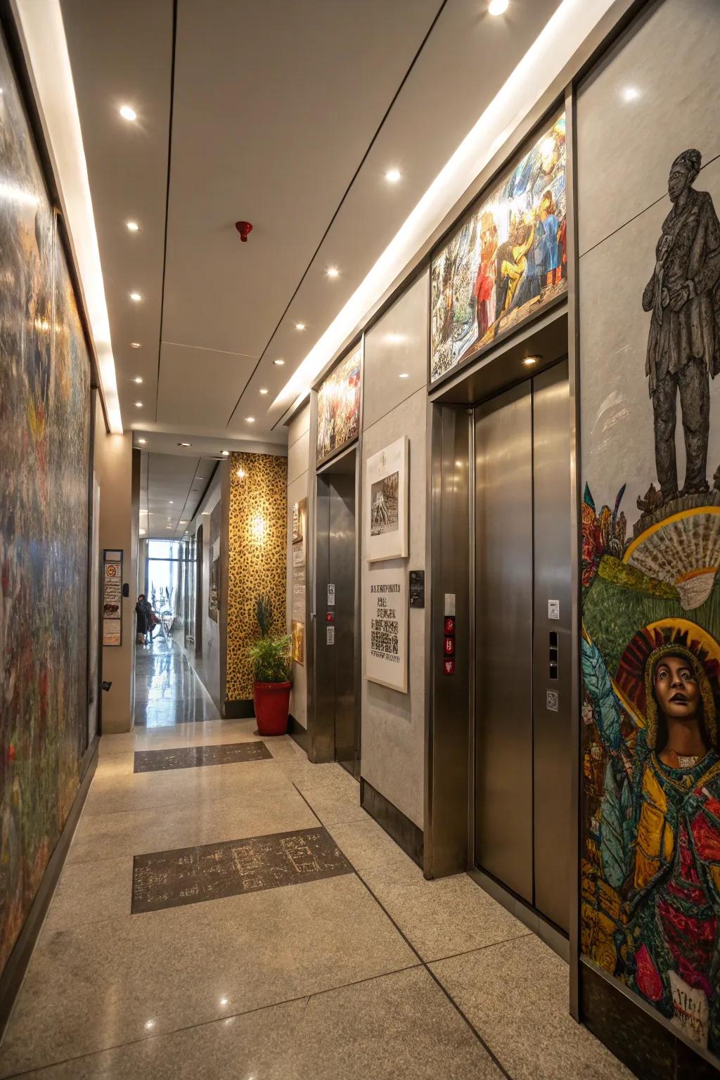 An elevator interior presenting artistic installations for a gallery-esque encounter.