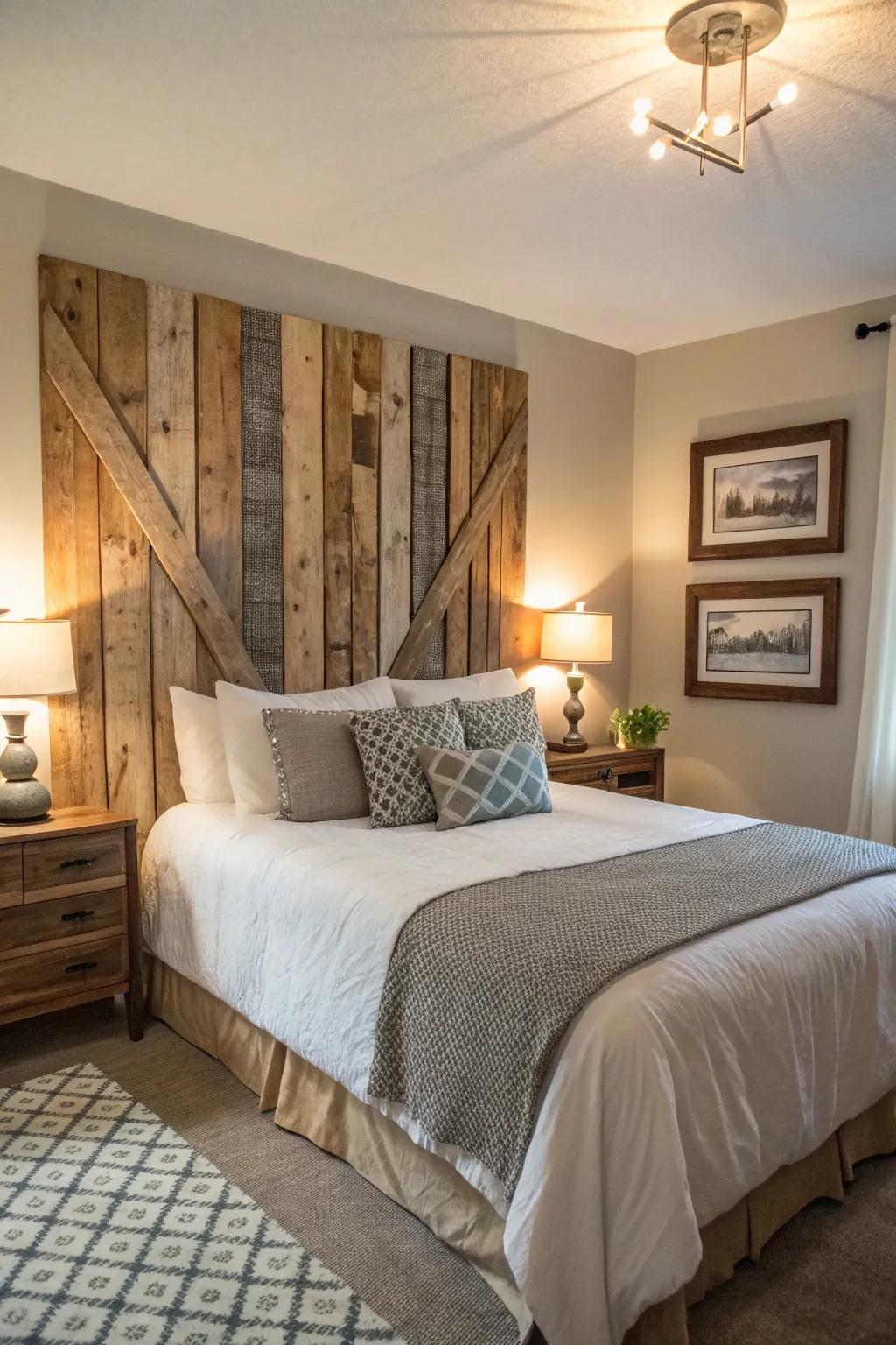 Upcycled timber art adds a rustic story to this farmhouse guest bedroom.