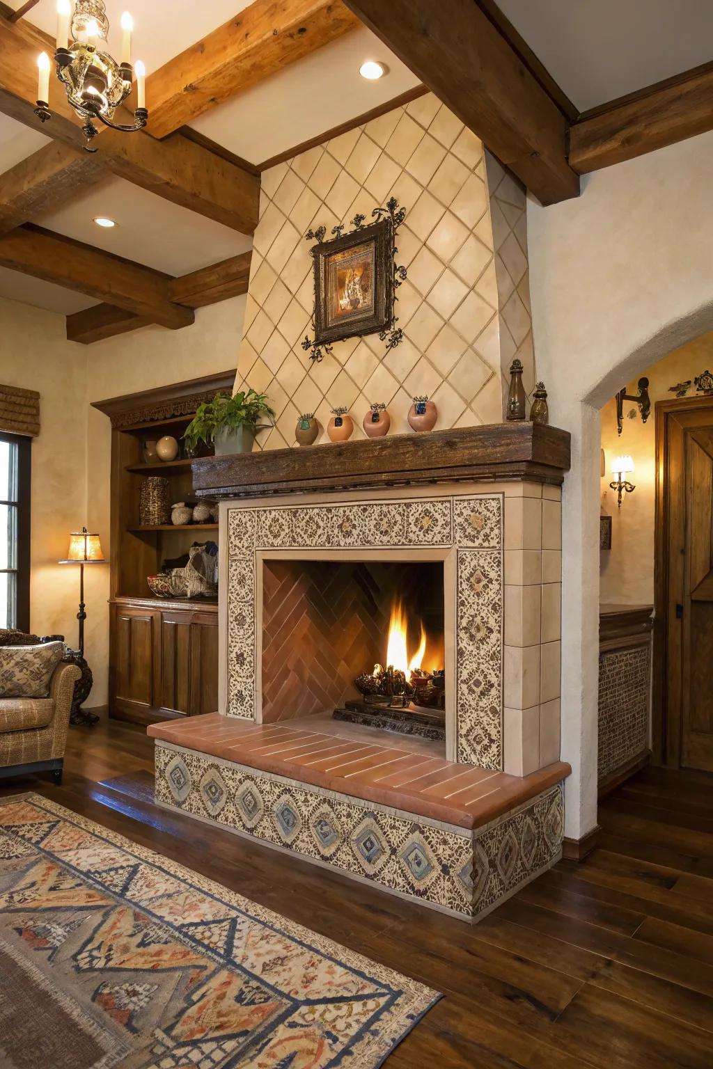 Fireplace with charming hand-crafted style tiles.