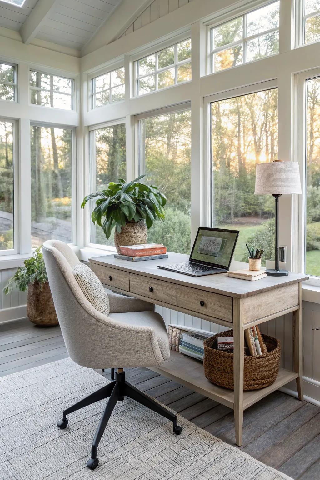A sunroom transitioned into a domestic office, mixing productivity with nature.