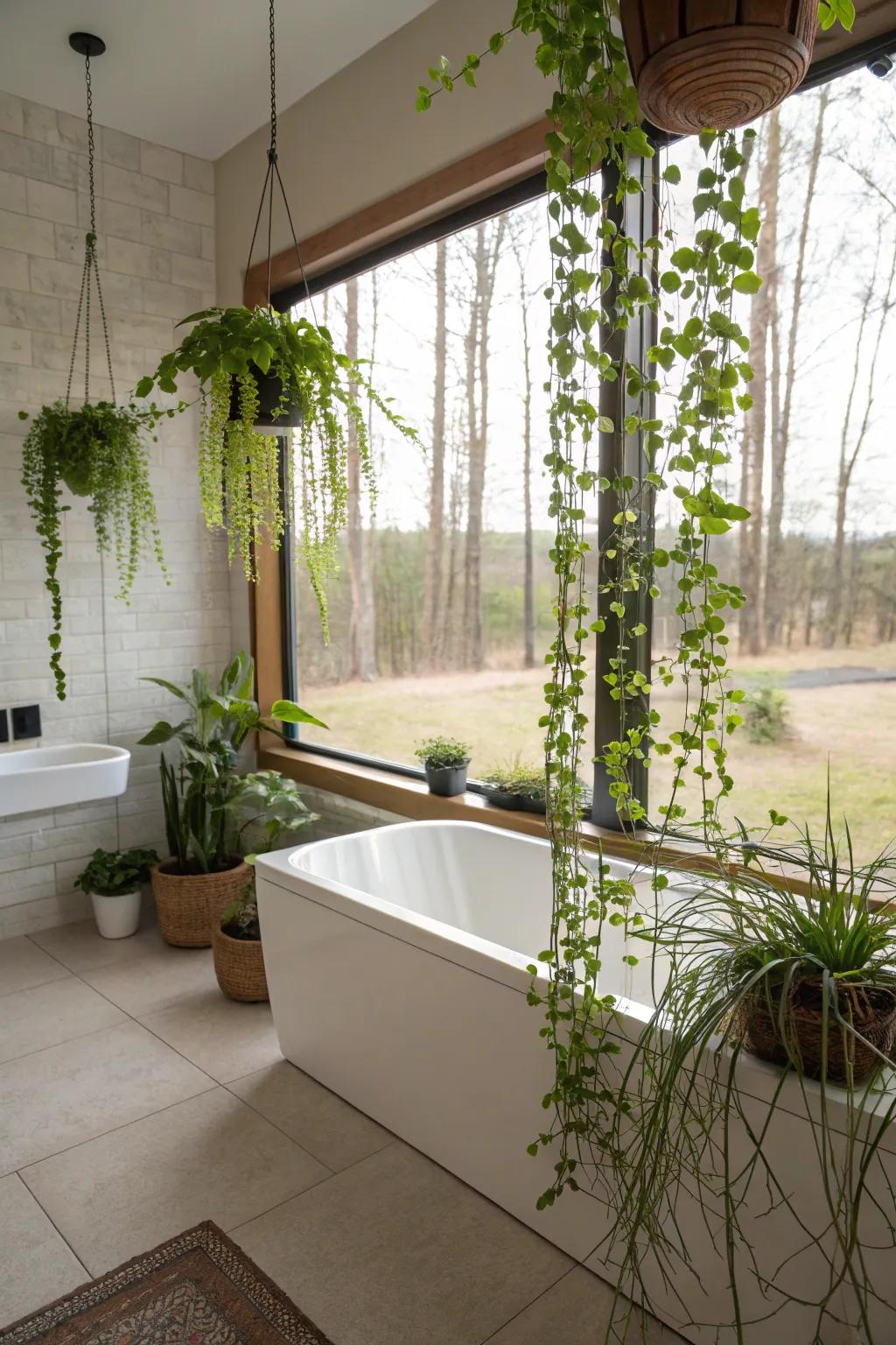 A bathroom enlivened with small potted plants and dangling vines for a crisp vibe.