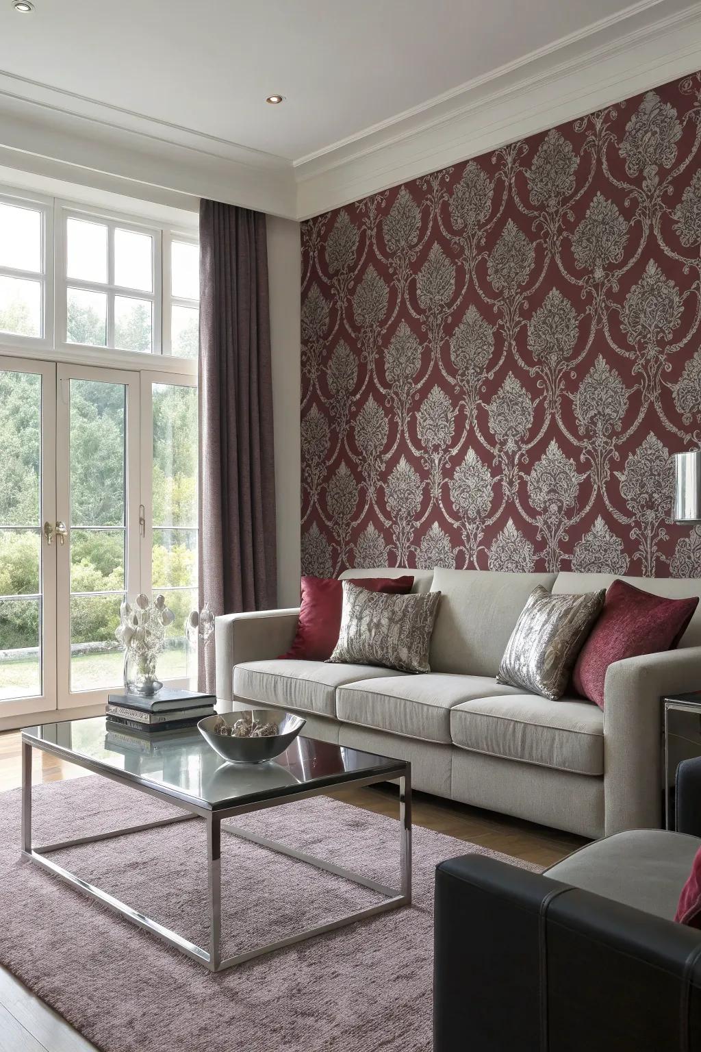 Living area featuring patterned wine and slate wall covering along with contemporary furnishings.