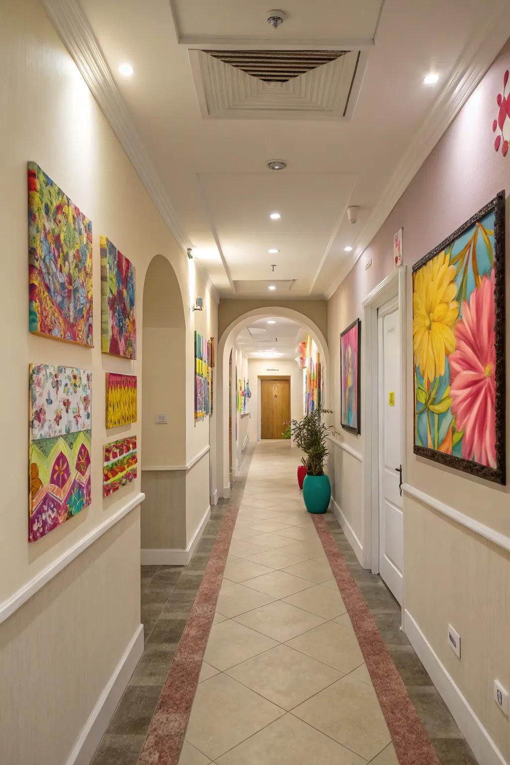 Unforeseen splashes of color inject a spirited touch to the hallway.