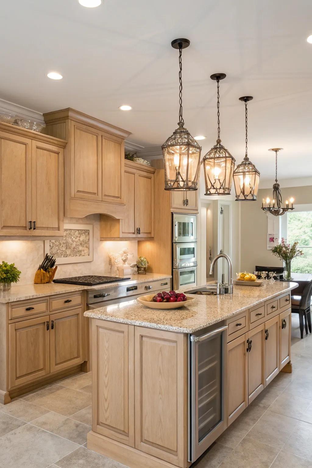 Hanging lights add a touch of elegance to a kitchen featuring cream-colored pecan wood cabinets.