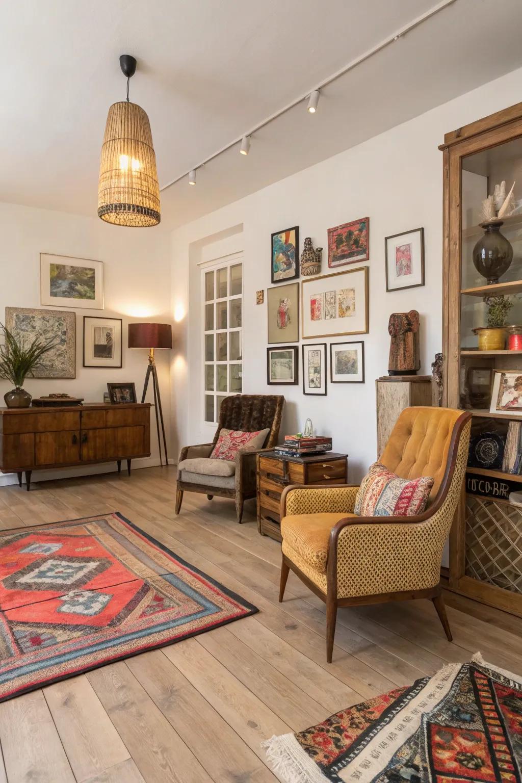 Eclectic decor finds harmony with pale timber flooring.