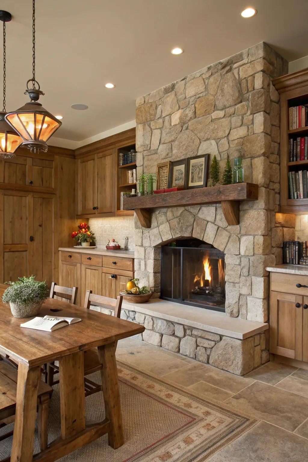 Stone fireplaces create warm and inviting focal points.
