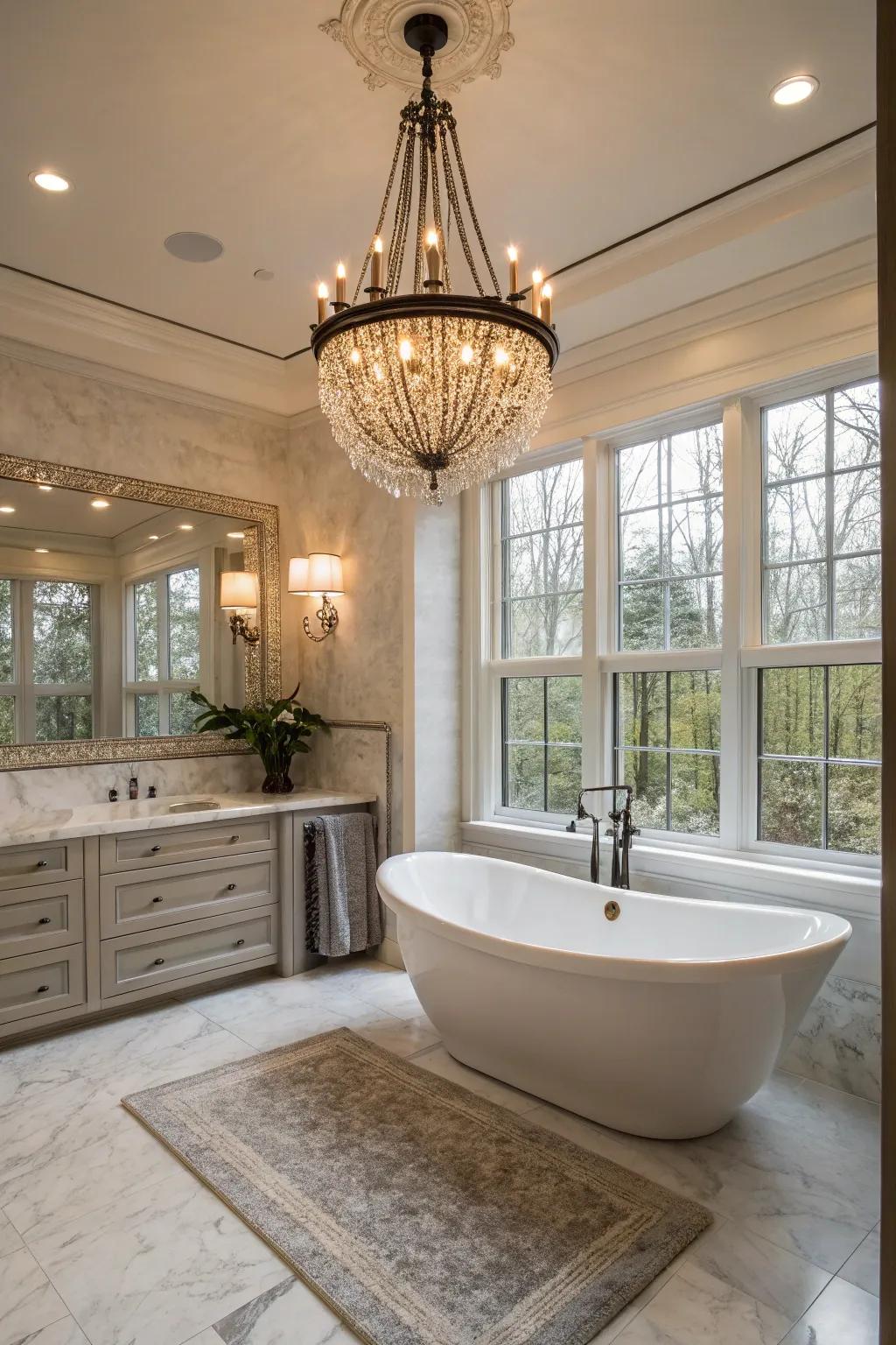 Remarkable illumination introduces charm to the bathroom space.