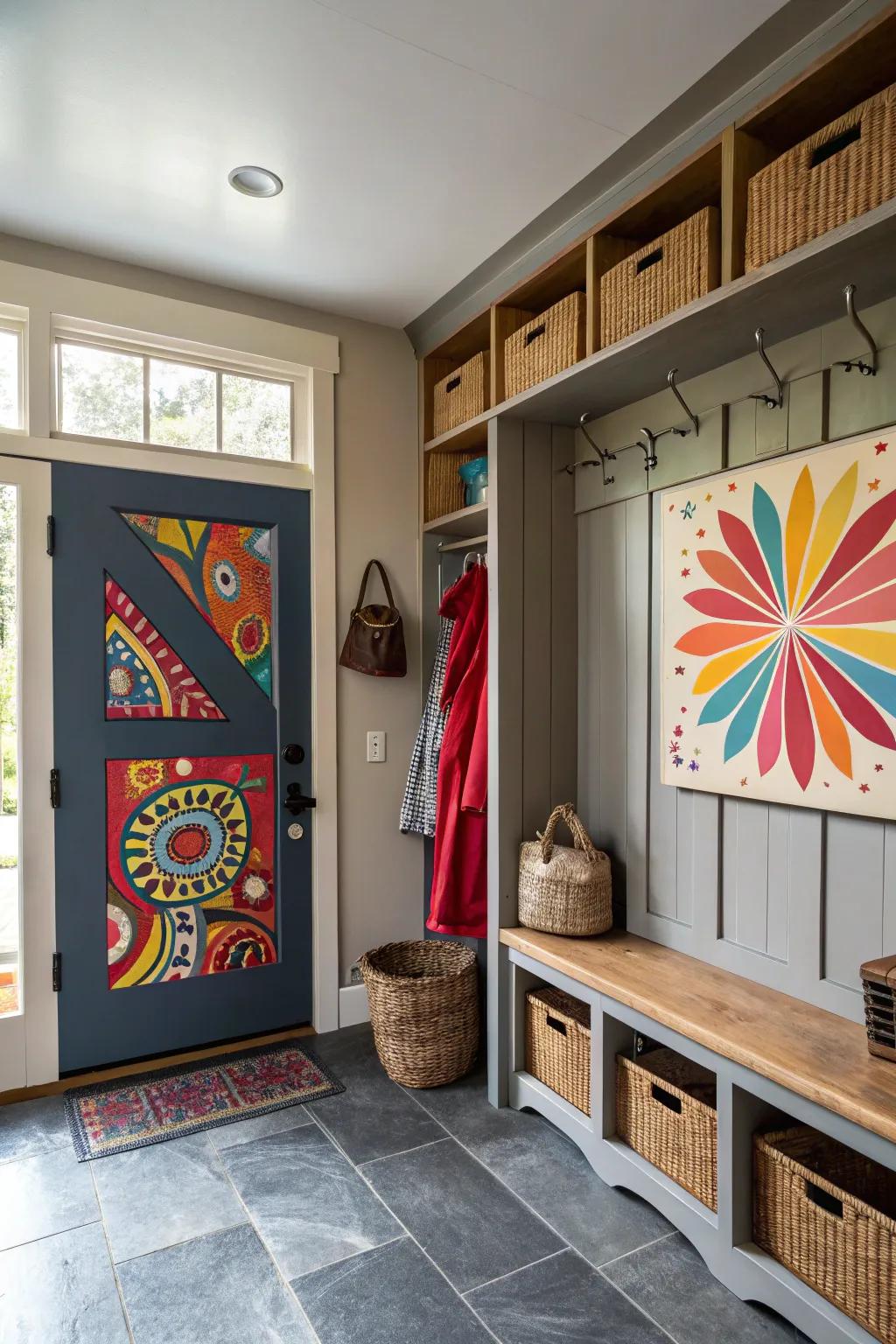 Accents of color inject vibrancy into the modern mudroom.